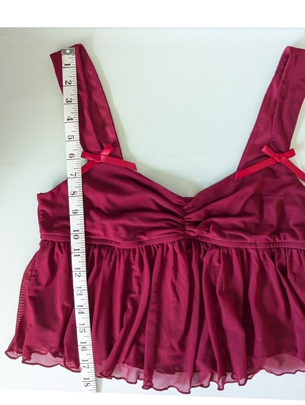 Easelle Red Mesh Ruffle Trim Babydoll Camisole Tank Top - Picture 4 of 9